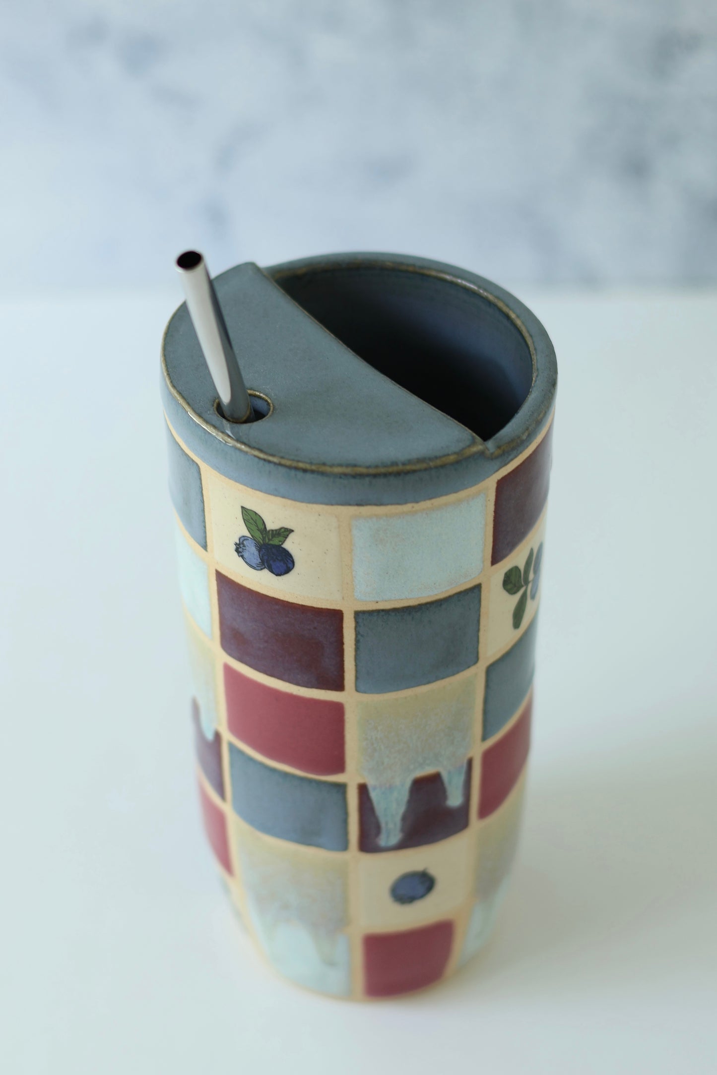 SECOND 16oz Travel Cup | Blueberry Checkered | Glaze Blemish 20% OFF