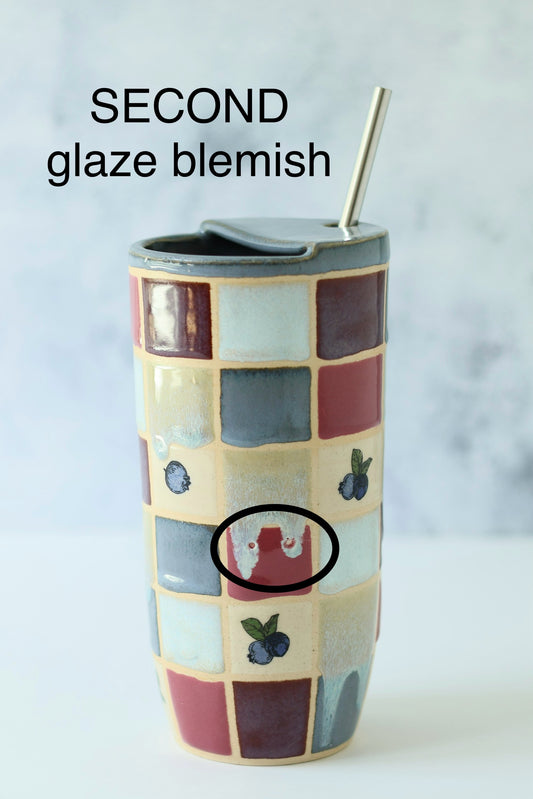 SECOND 16oz Travel Cup | Blueberry Checkered | Glaze Blemish 20% OFF